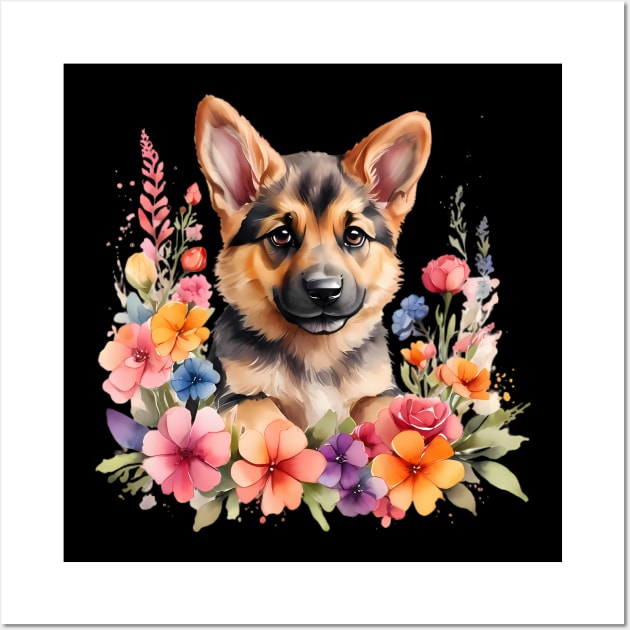 A german shepherd decorated with beautiful watercolor flowers Wall Art by CreativeSparkzz